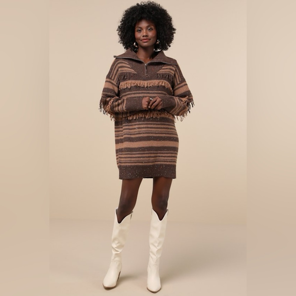 NWT Lulu’s brown striped mini sweater dress with fringe